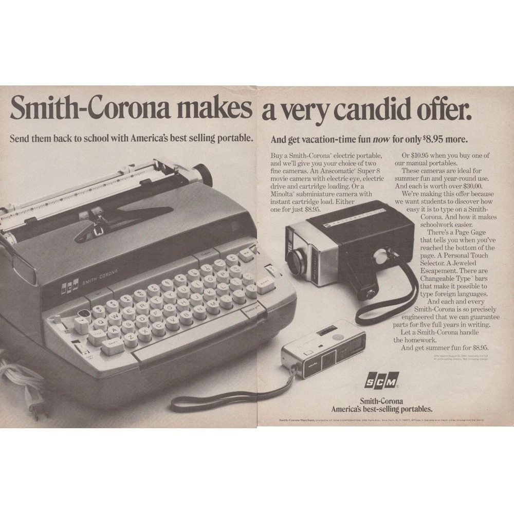 Vintage 1969 Smith Corona Typewriter Camera Mid Century Back To School Print Ad